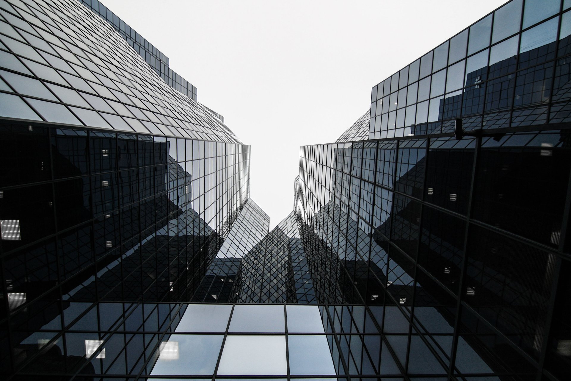 High-rise glass building facade at dawn, soft light on structural glass