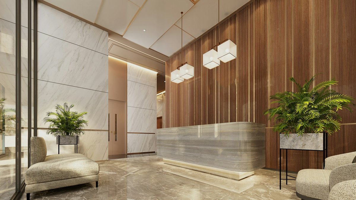 Minimalist corporate lobby with floor-to-ceiling windows and a marble reception desk